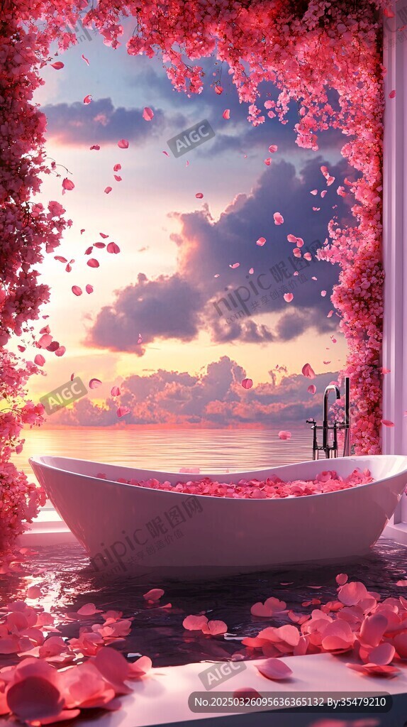 浪漫浴缸中的夢幻花瓣景致