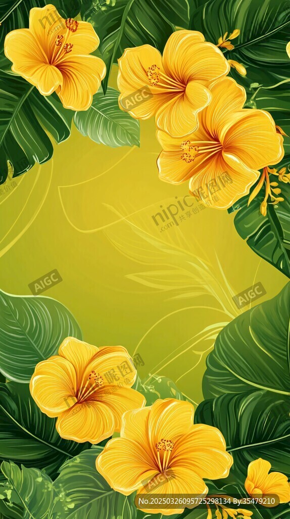 黃色扶桑花與綠葉背景圖