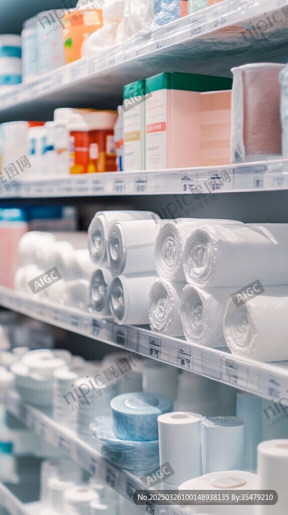 藥店貨架上的藥品與衛(wèi)生用品