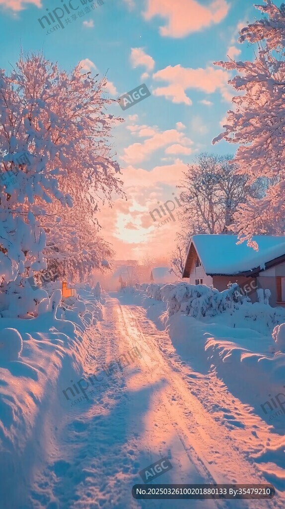冬日雪村的夢幻黃昏美景