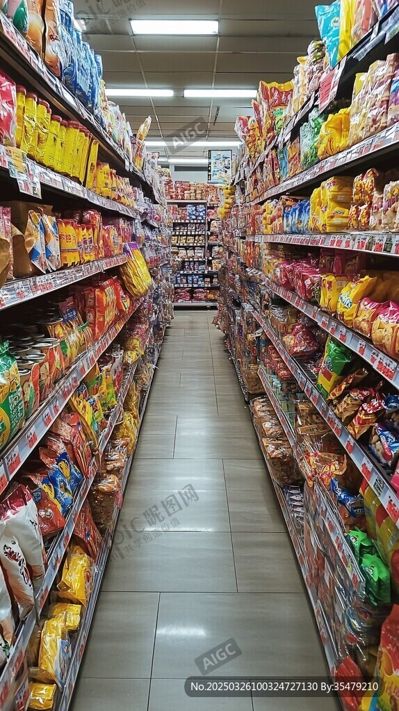 超市零食貨架的豐富景象