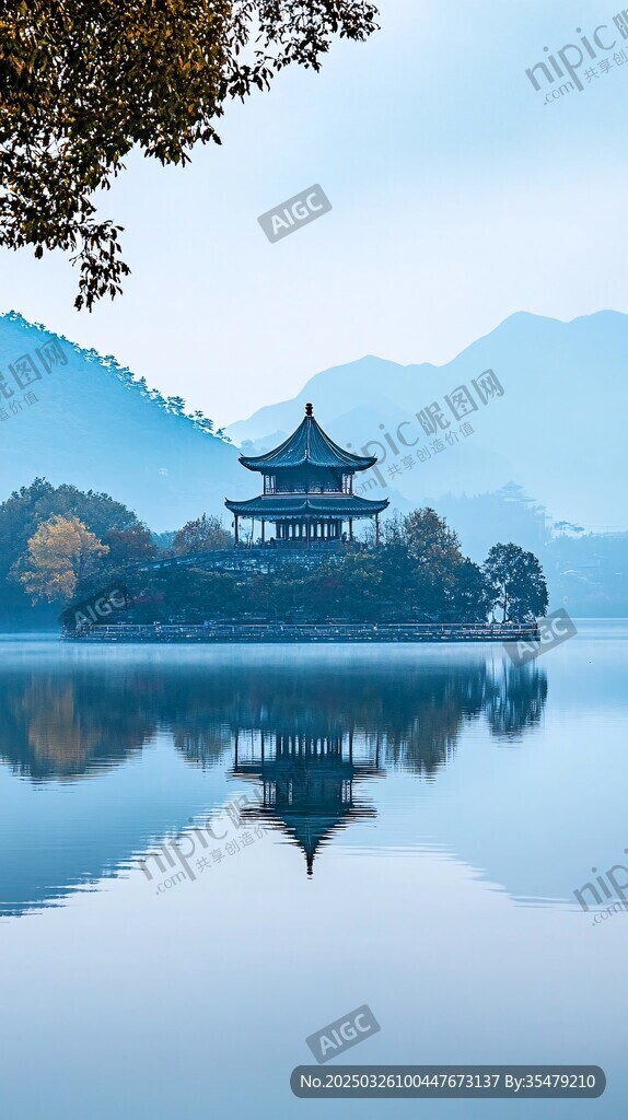 湖畔古亭映山水美景
