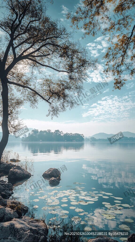 湖畔樹影下的靜謐湖景