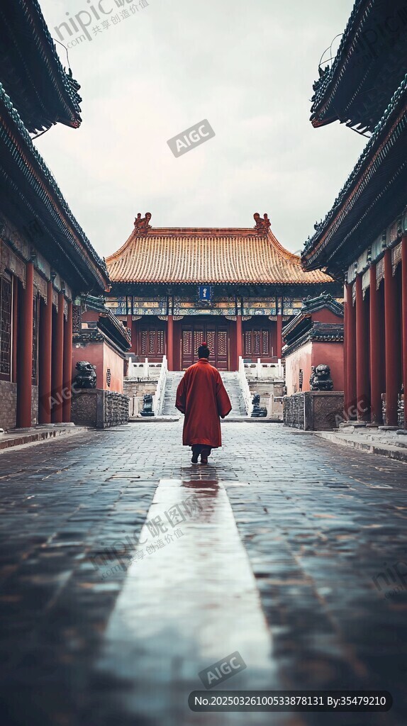 僧人漫步于古建庭院之中