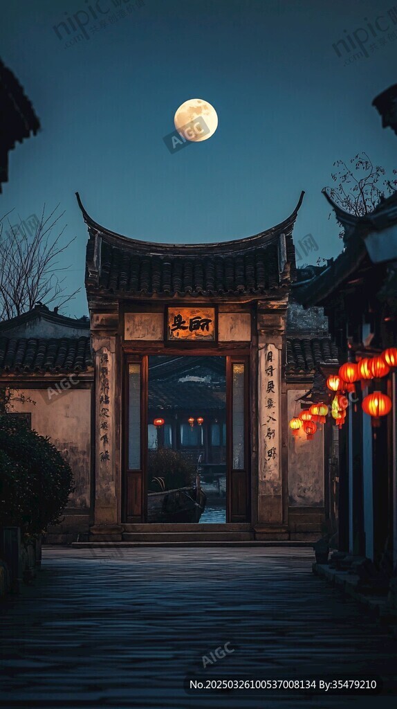 月夜下的中式古巷美景