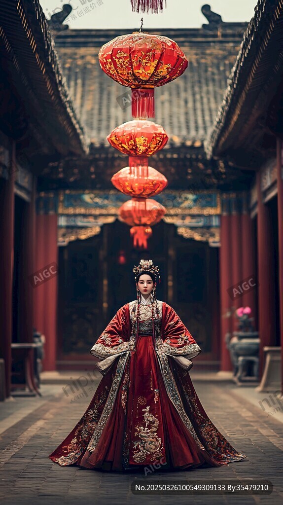 古風女子著華服于古巷間