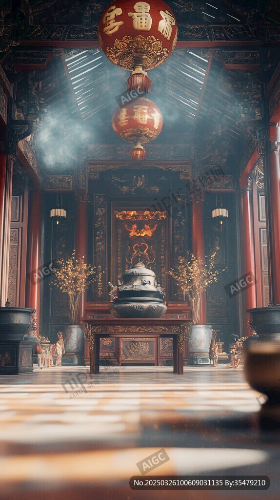 中式古風廟宇內景氛圍圖