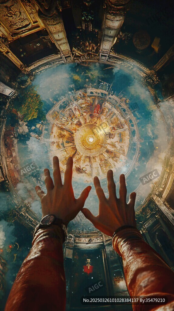 奇幻空間中雙手伸向神秘景象