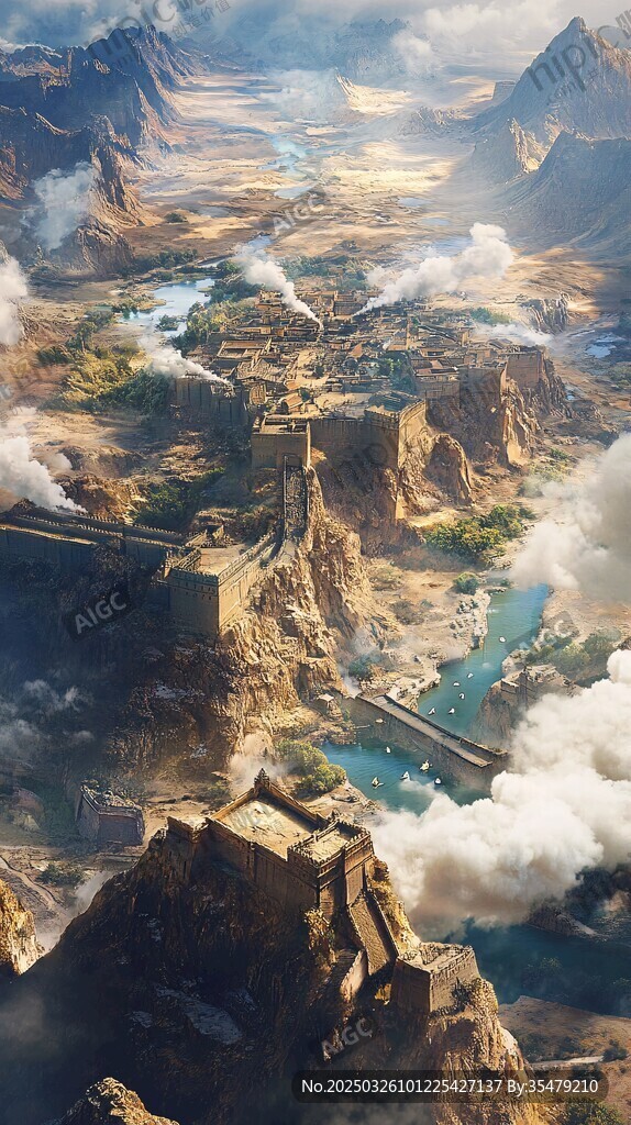 空中俯瞰壯麗山河古城景