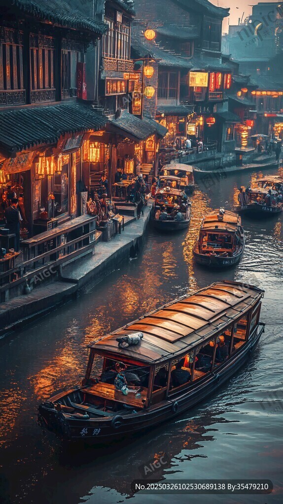 江南水鄉(xiāng)夜景中的游船燈火