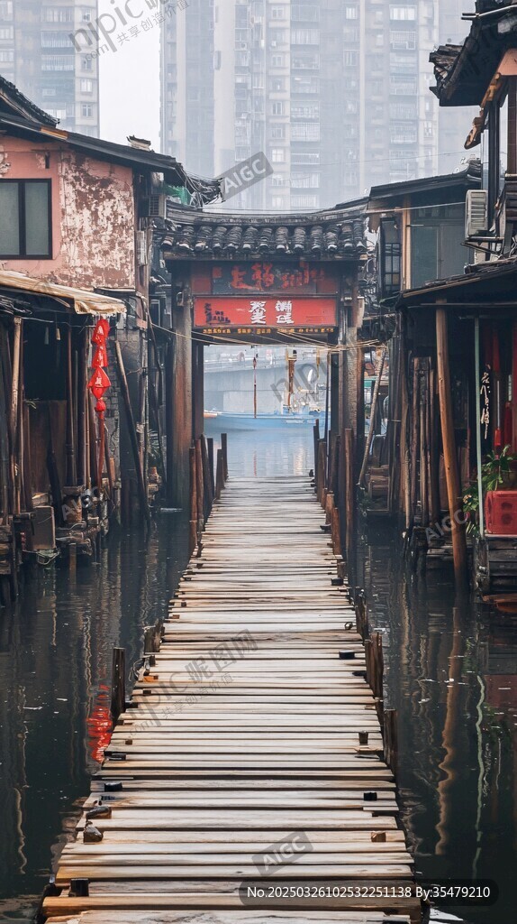 水鄉木棧道 古宅映清波
