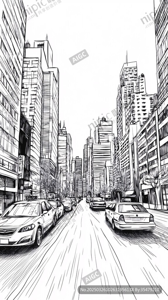 城市街道黑白線條畫