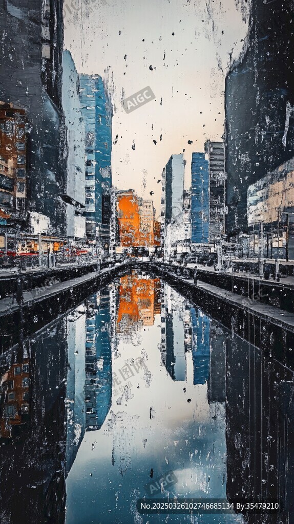 雨中都市街景的倒影之美