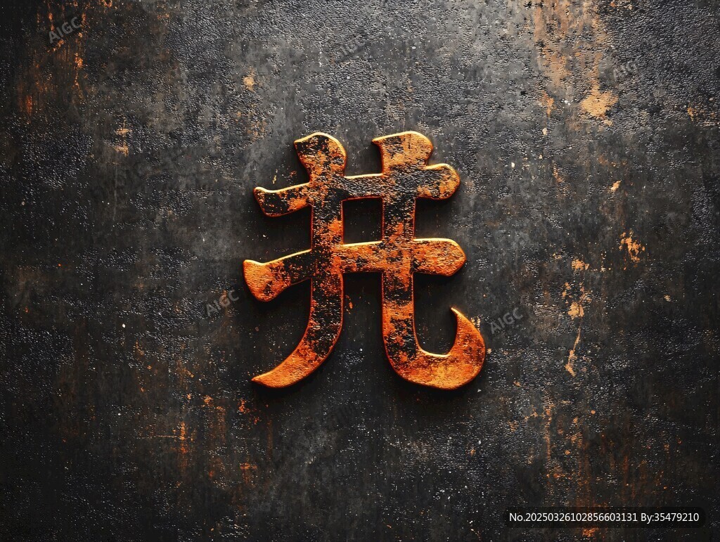 生銹金屬質感的古老漢字