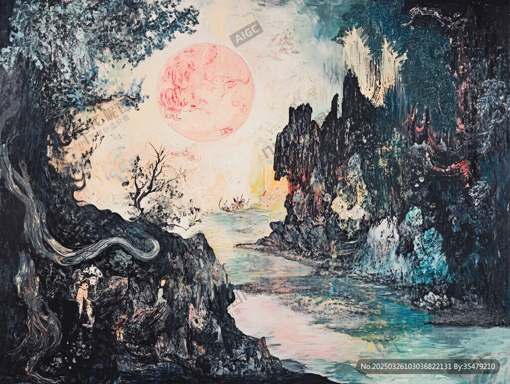 奇幻月夜下的神秘山水景