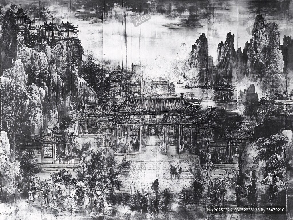 古風山水建筑景致圖