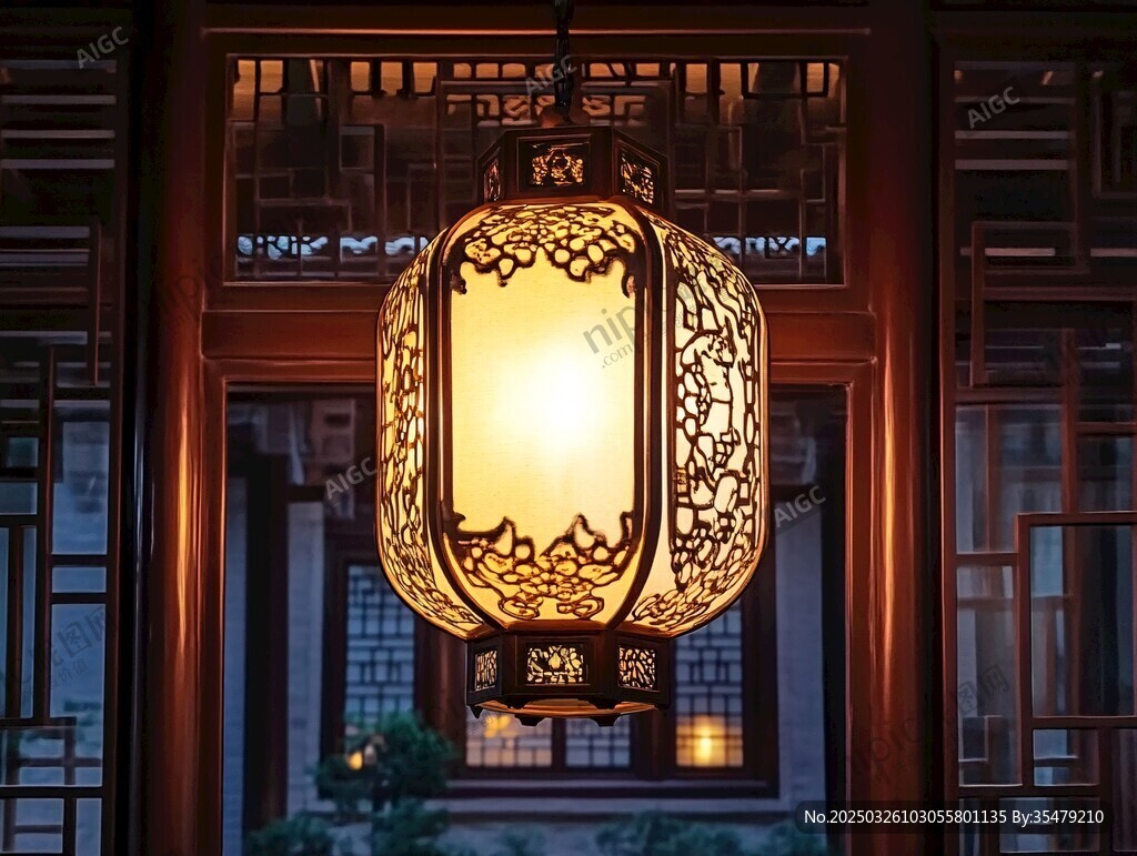 中式古典燈籠散發(fā)溫暖光芒