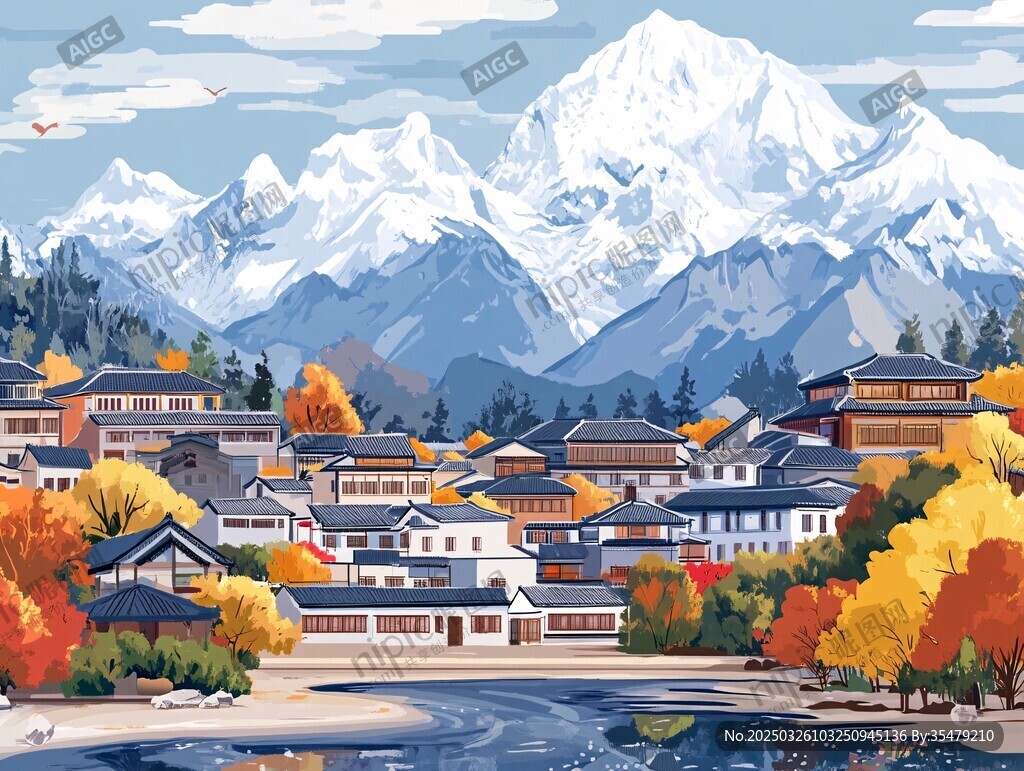 雪山下的秋日古樸村落