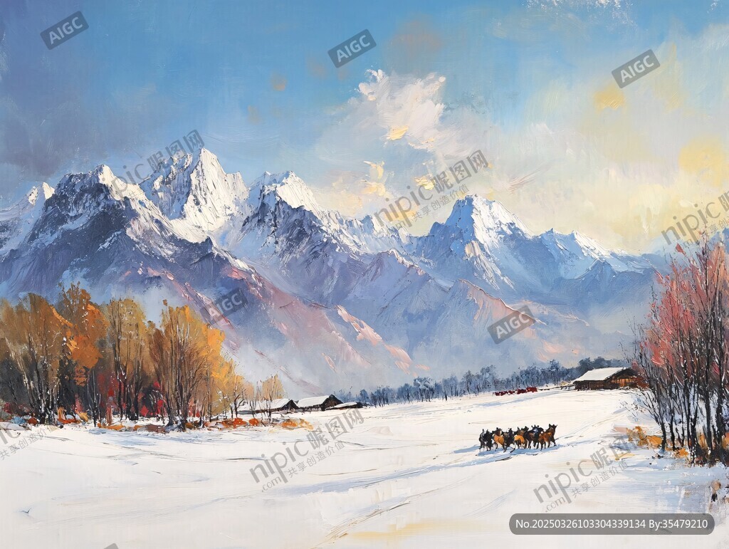 雪山下的冬日牧場(chǎng)景色