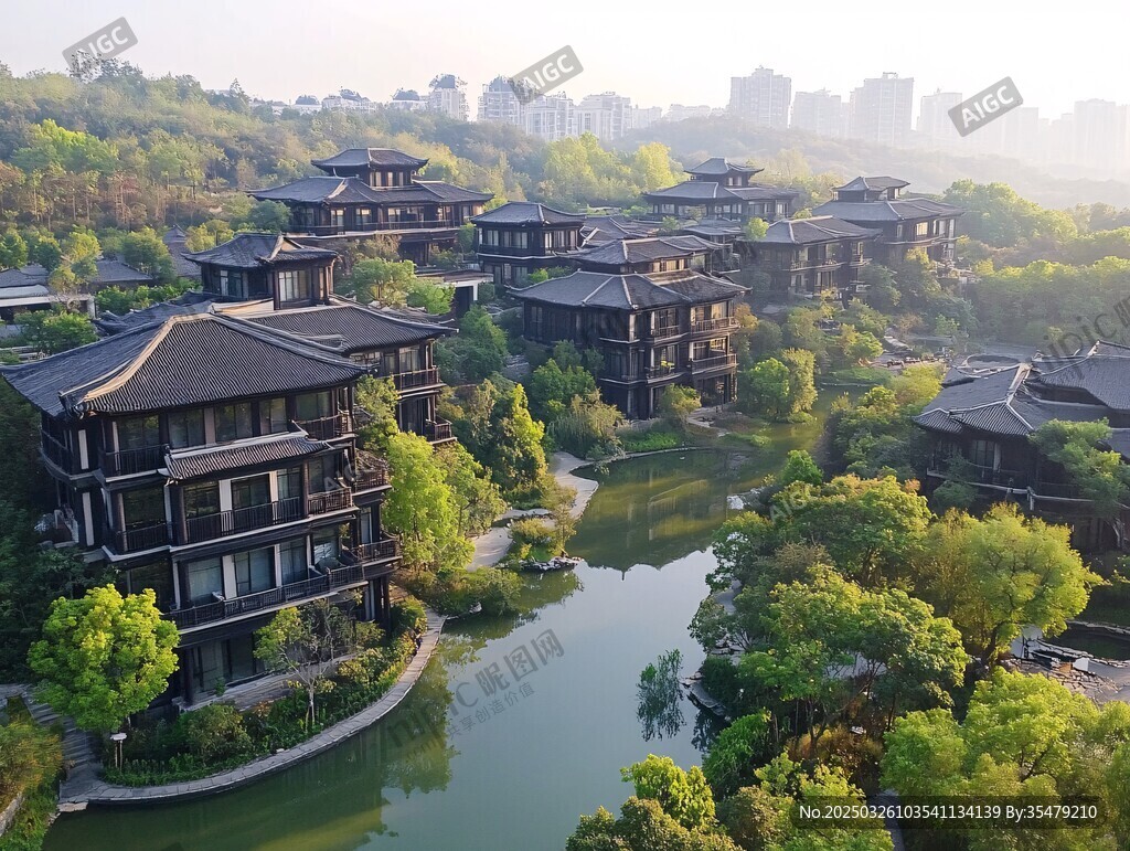 中式園林別墅景觀鳥瞰