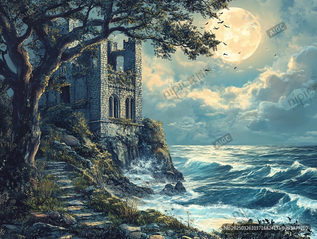 月夜下的海邊古堡