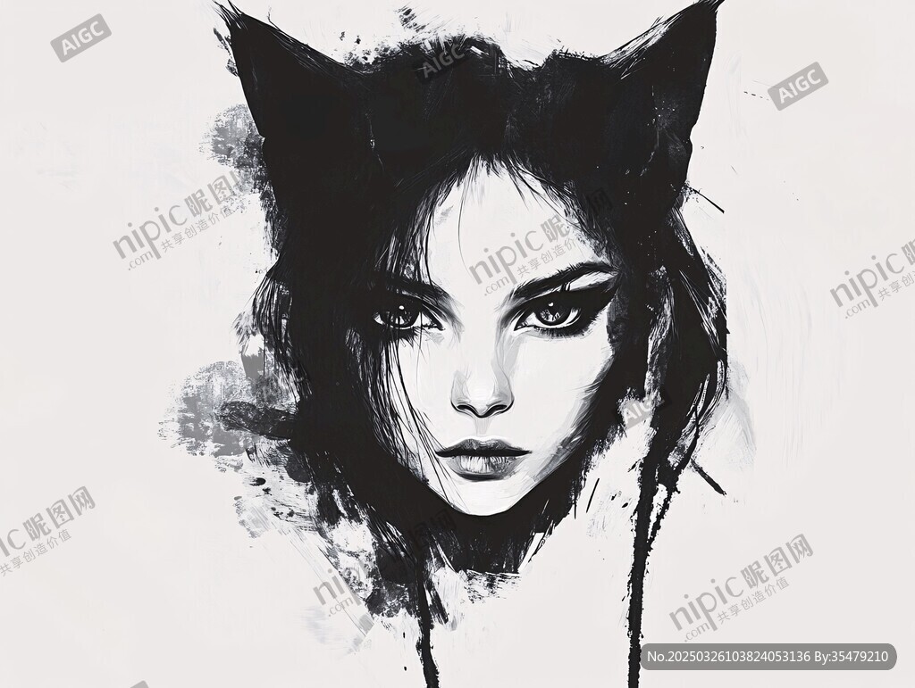 貓耳少女黑白藝術(shù)插畫