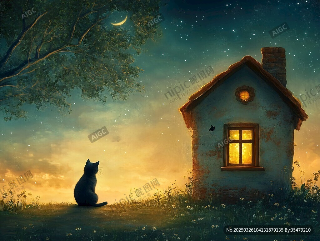 月夜下貓咪與溫馨小屋