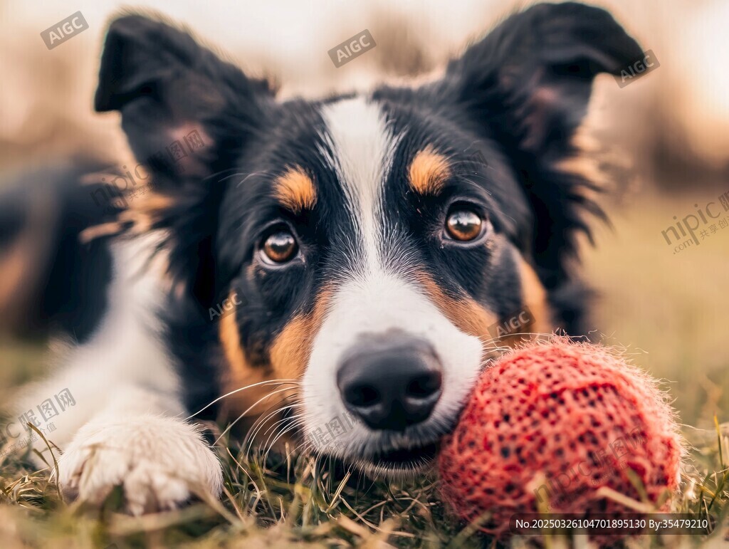 趴臥草地的牧羊犬與紅球
