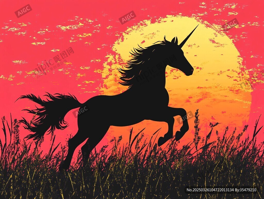夕陽下奔騰的獨角駿馬