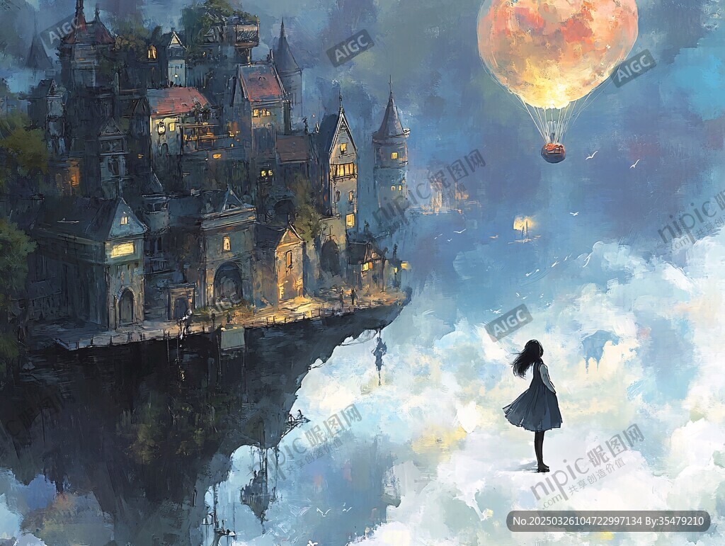 夢(mèng)幻云端城堡前的少女