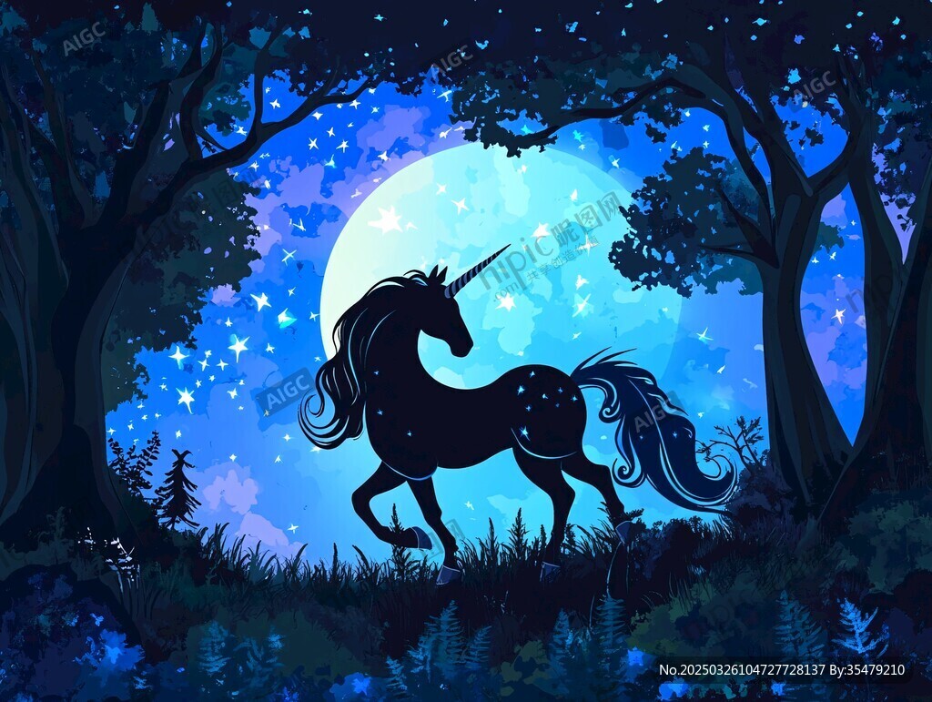 月夜下的獨(dú)角獸奇幻身影