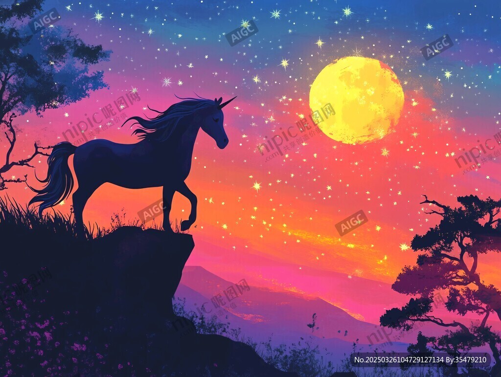 月夜下的獨角獸剪影