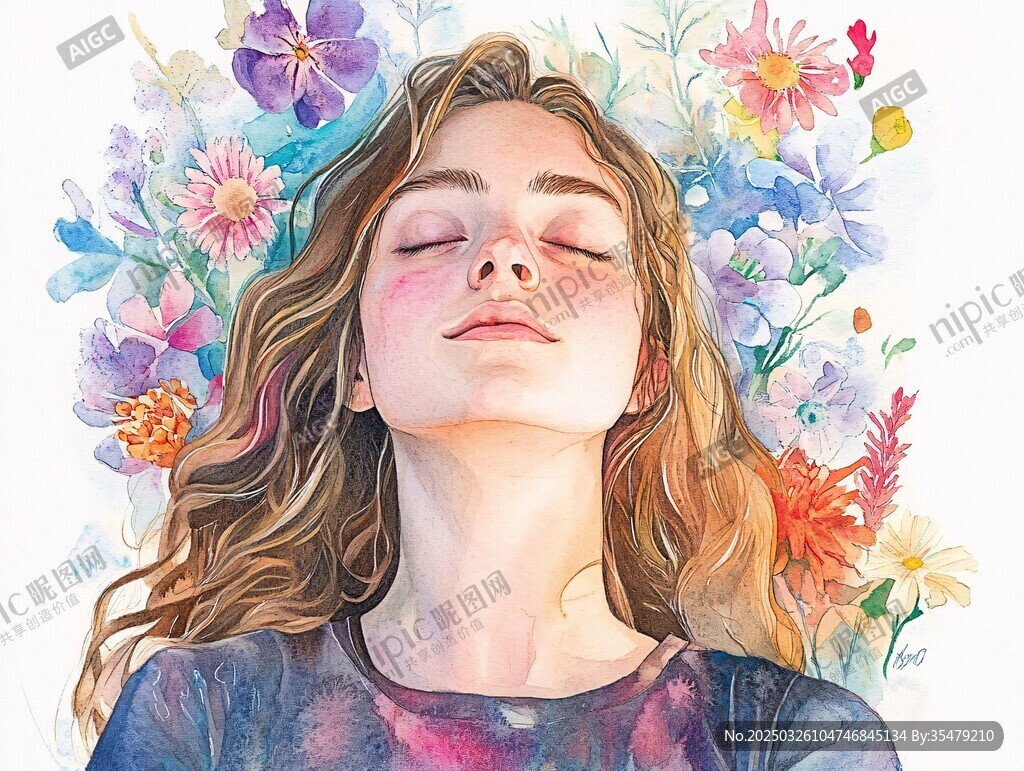 閉眼女孩與繽紛花卉世界