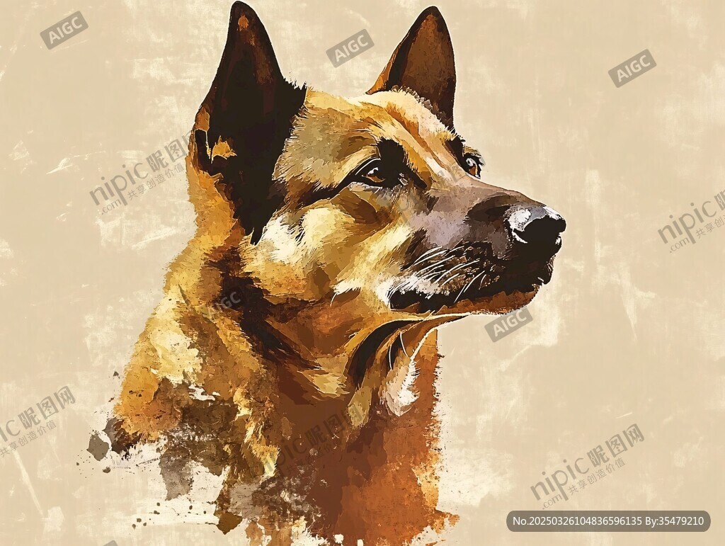 水彩風格的帥氣德國牧羊犬