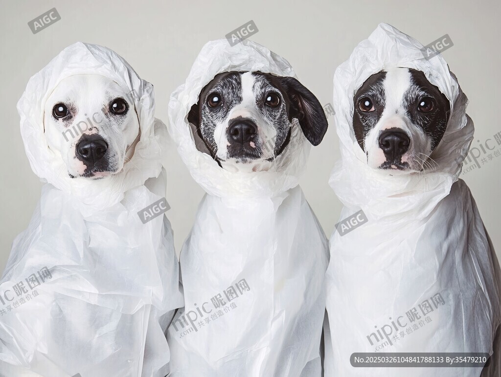 三只萌犬的趣味防護(hù)裝扮