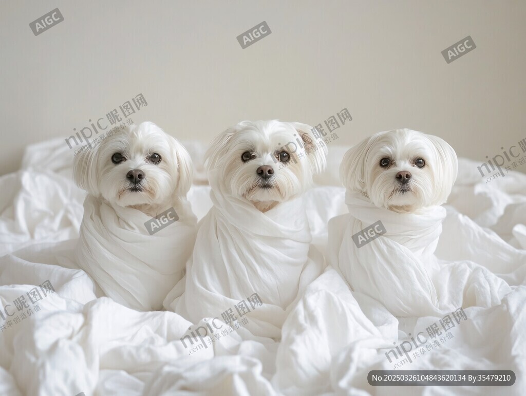 三只裹布萌犬躺于白床