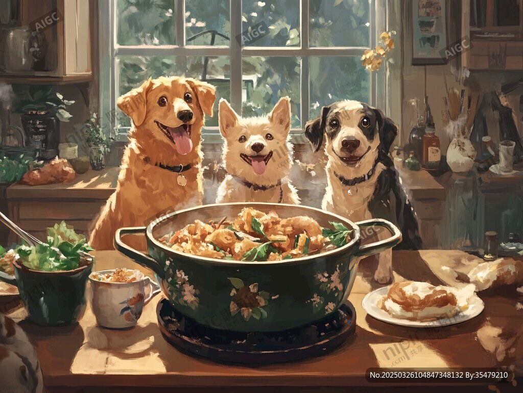 萌犬圍鍋期待美味佳肴
