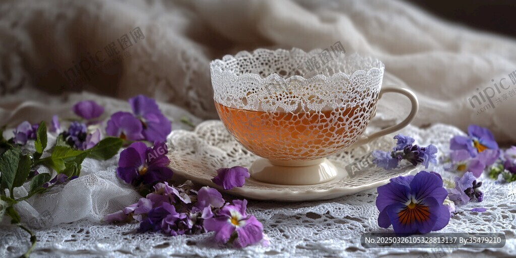 蕾絲茶杯旁的紫色花卉
