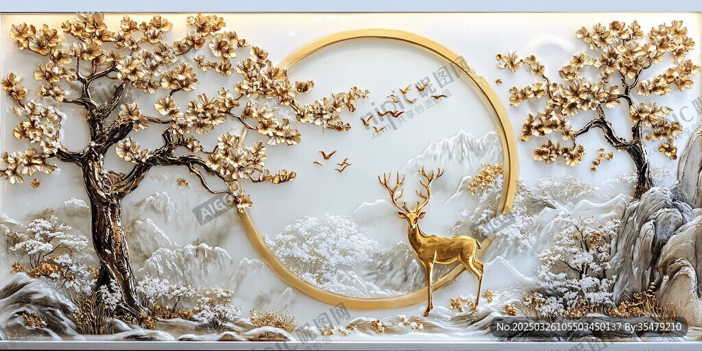 金鹿棲于山水樹間美景