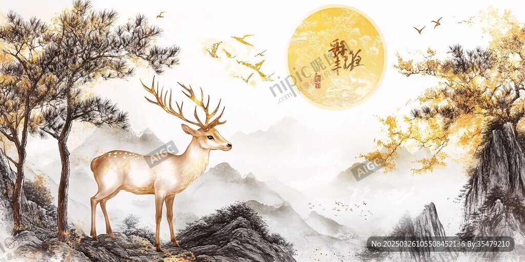 瑞鹿望月 山林秋景圖