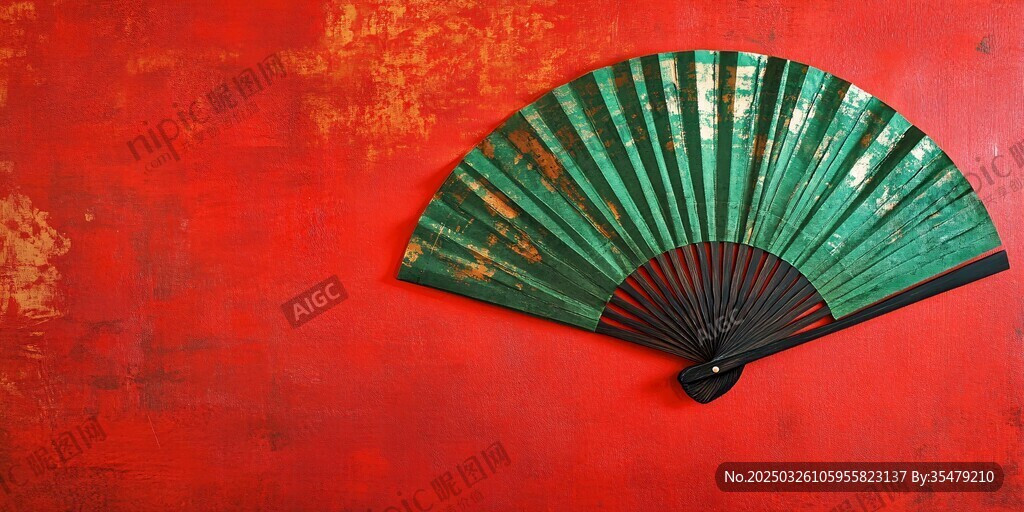 古典綠折扇 紅底顯雅致