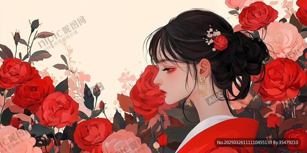 紅衣佳人聞花香