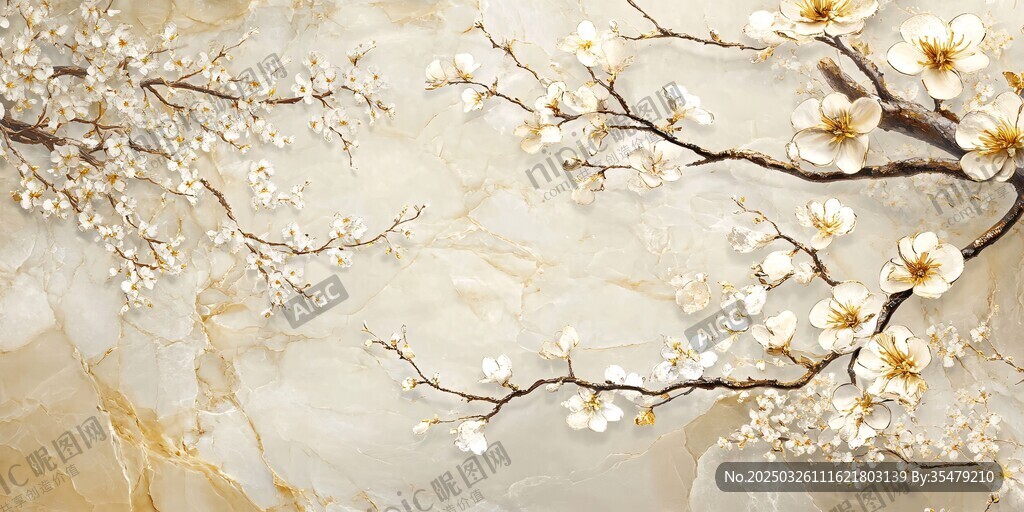 玉色背景上的精致白花樹枝