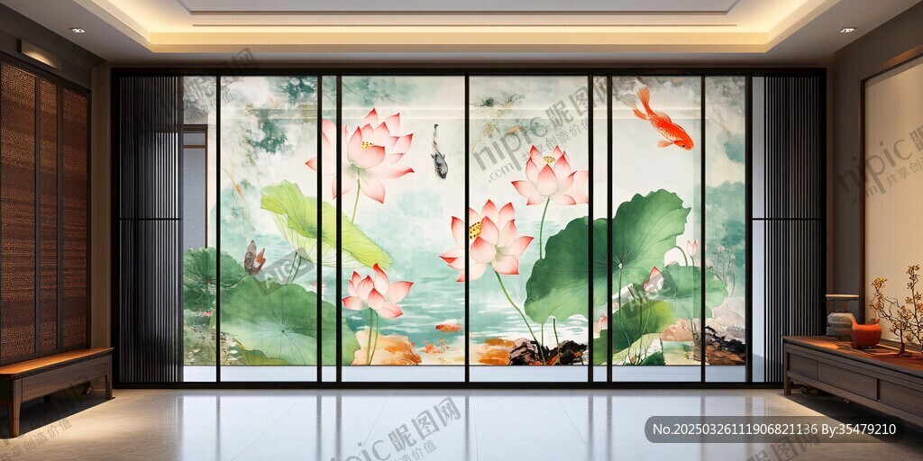 中式客廳的荷花錦鯉背景墻
