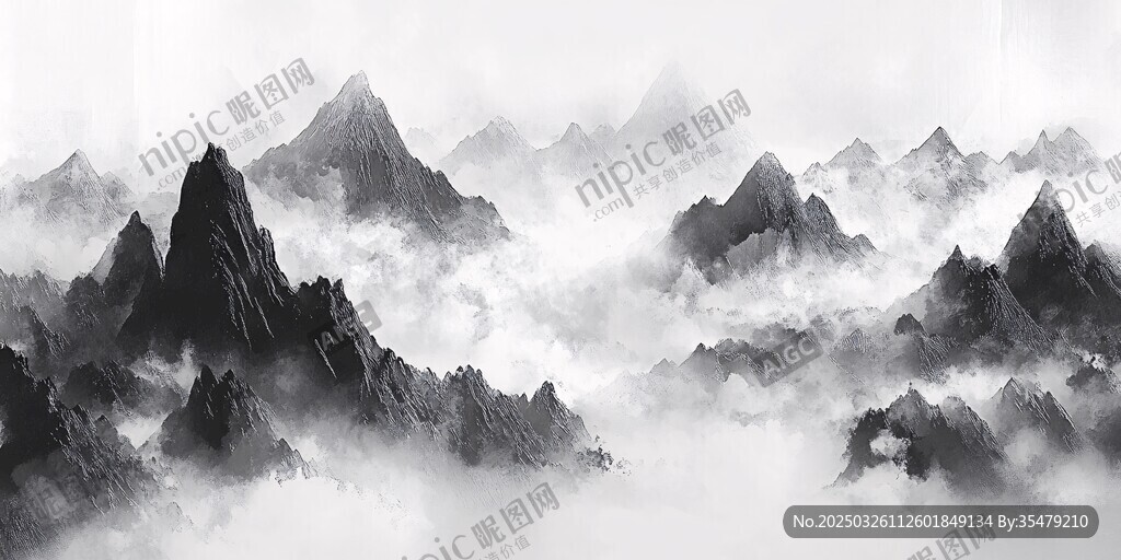 水墨群山云海意境圖