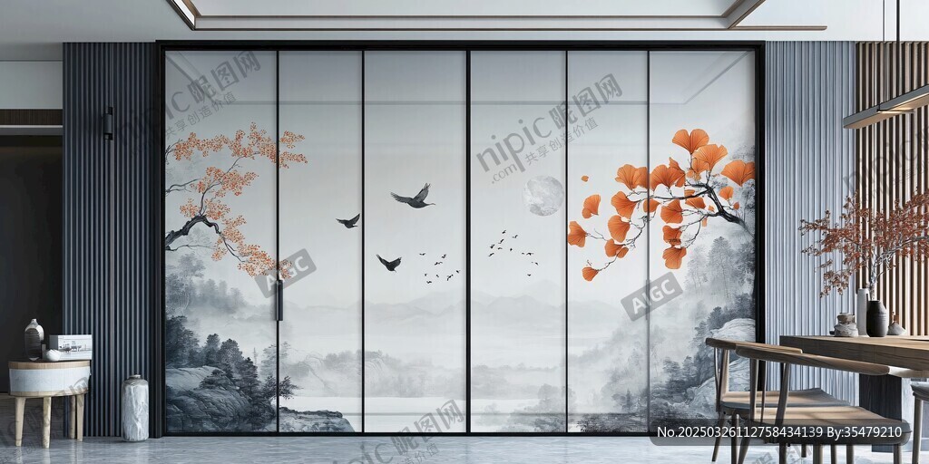 中式山水花鳥移門裝飾畫