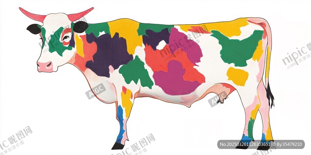 多彩花斑牛插畫