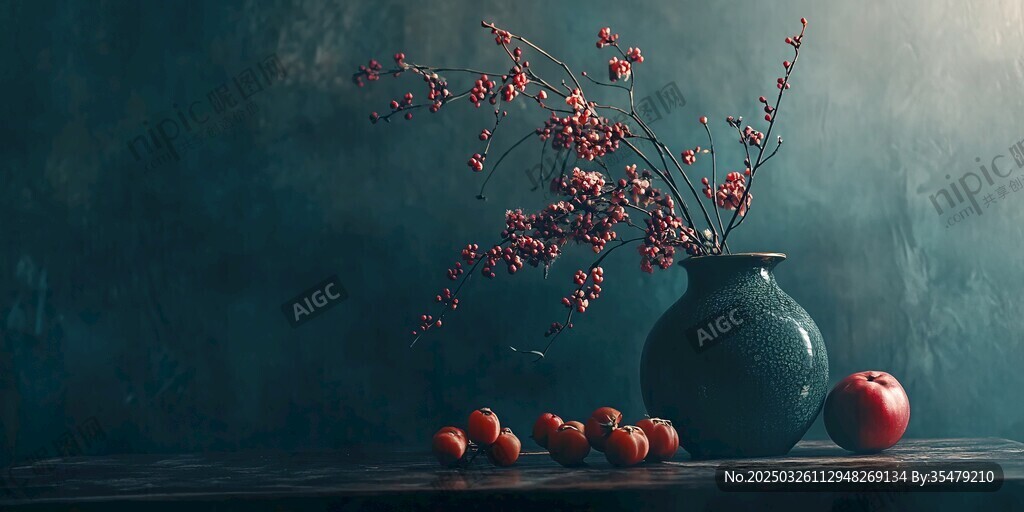 深綠背景下的花瓶與果實