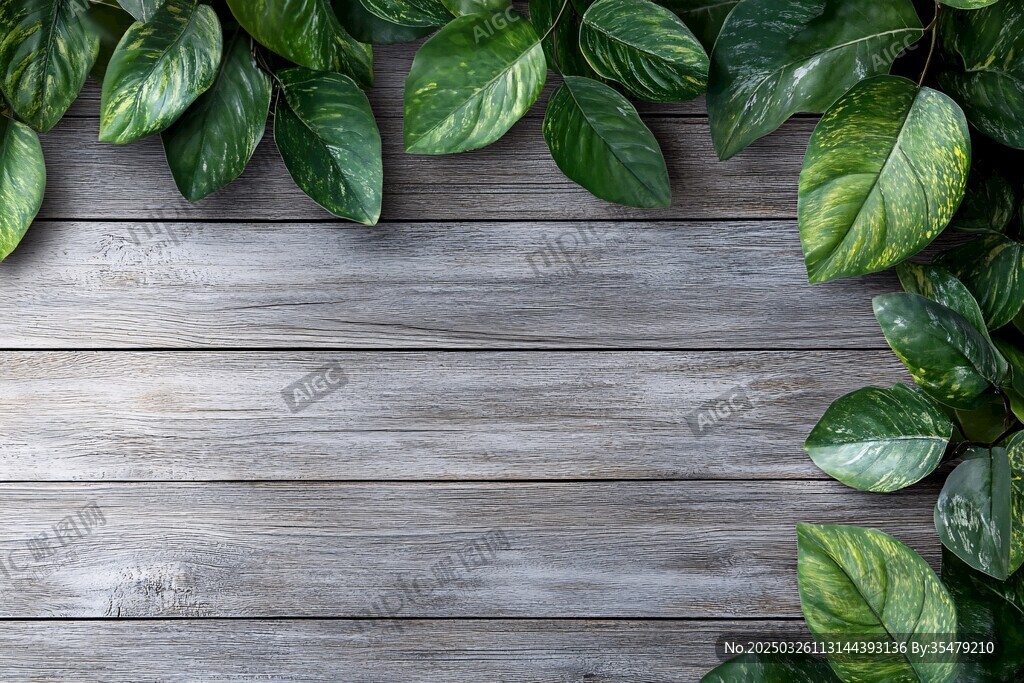 綠葉環繞的木質背景