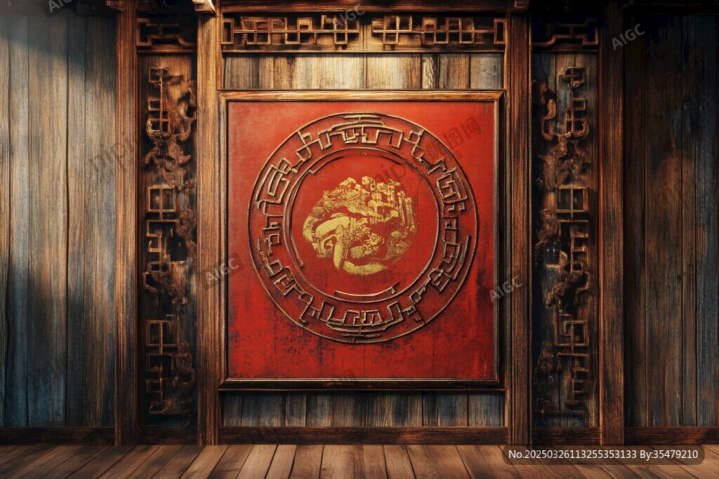 中式古典紅底龍紋裝飾墻